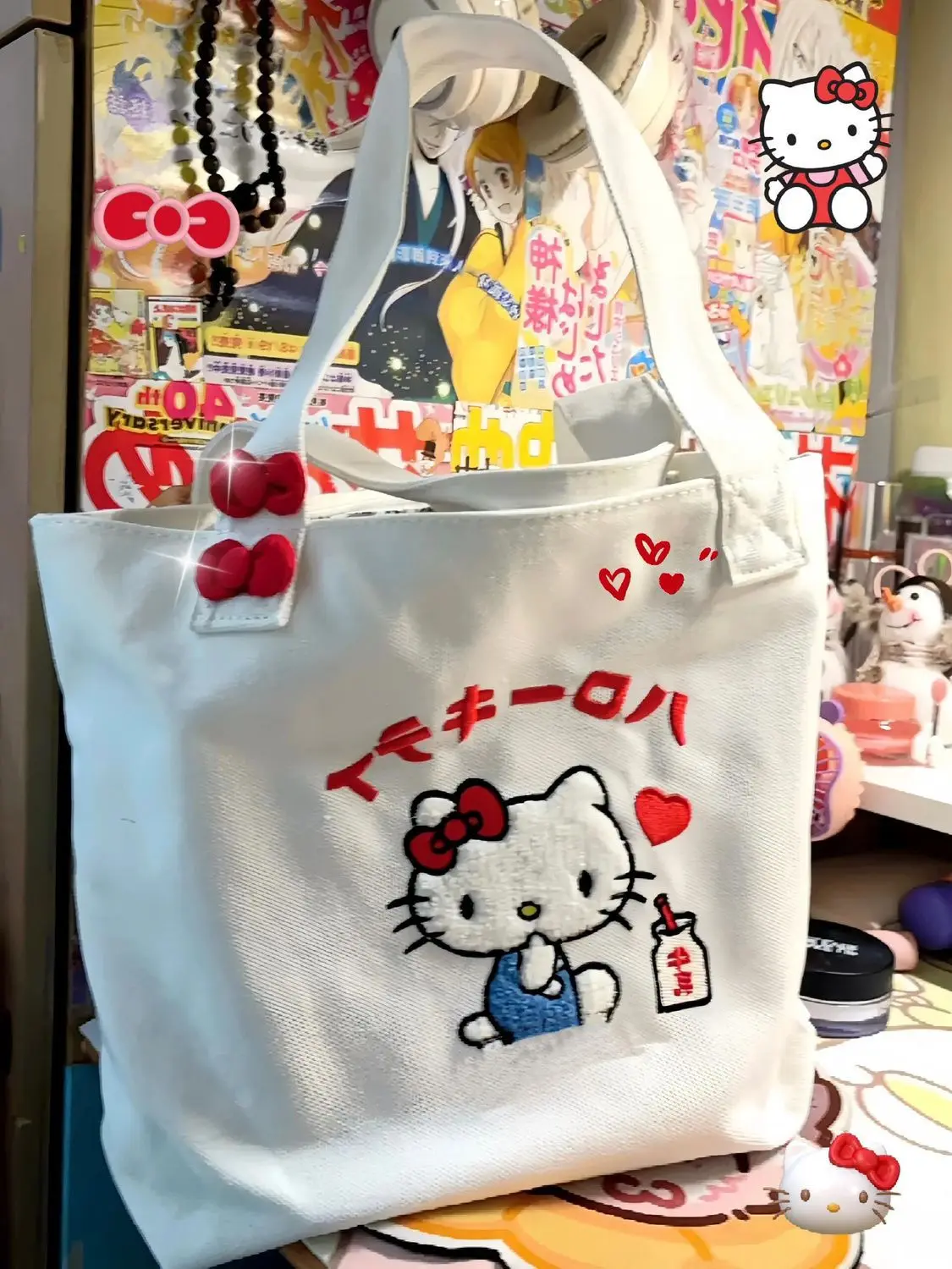 Cute hello kitty Embroidered Canvas Bag Girls Large Capacity Portable Outgoing Shopping Bag Handheld Shoulder Bag Commuter Versa