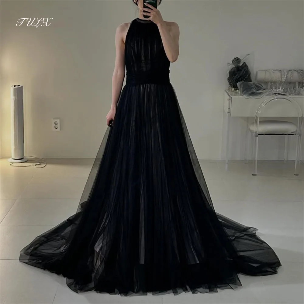 

TULX Princess Black Tulle A-line Evening Dresses Korea Wedding Photo Shoot O-Neck Sleeveless Long Party Dress Corset Customized