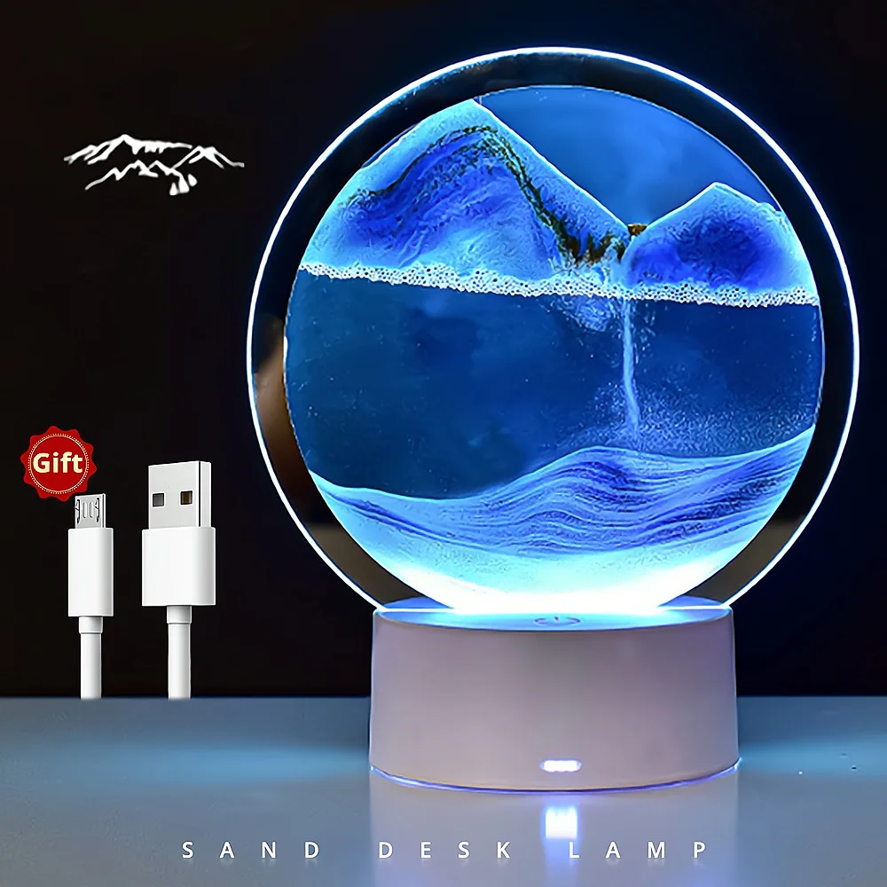 LED Quicksand Light Painted 6-color Table Lamp 3D Trend Moving Art Circular Glass Hourglass Bedside Home Decoration Nightlight