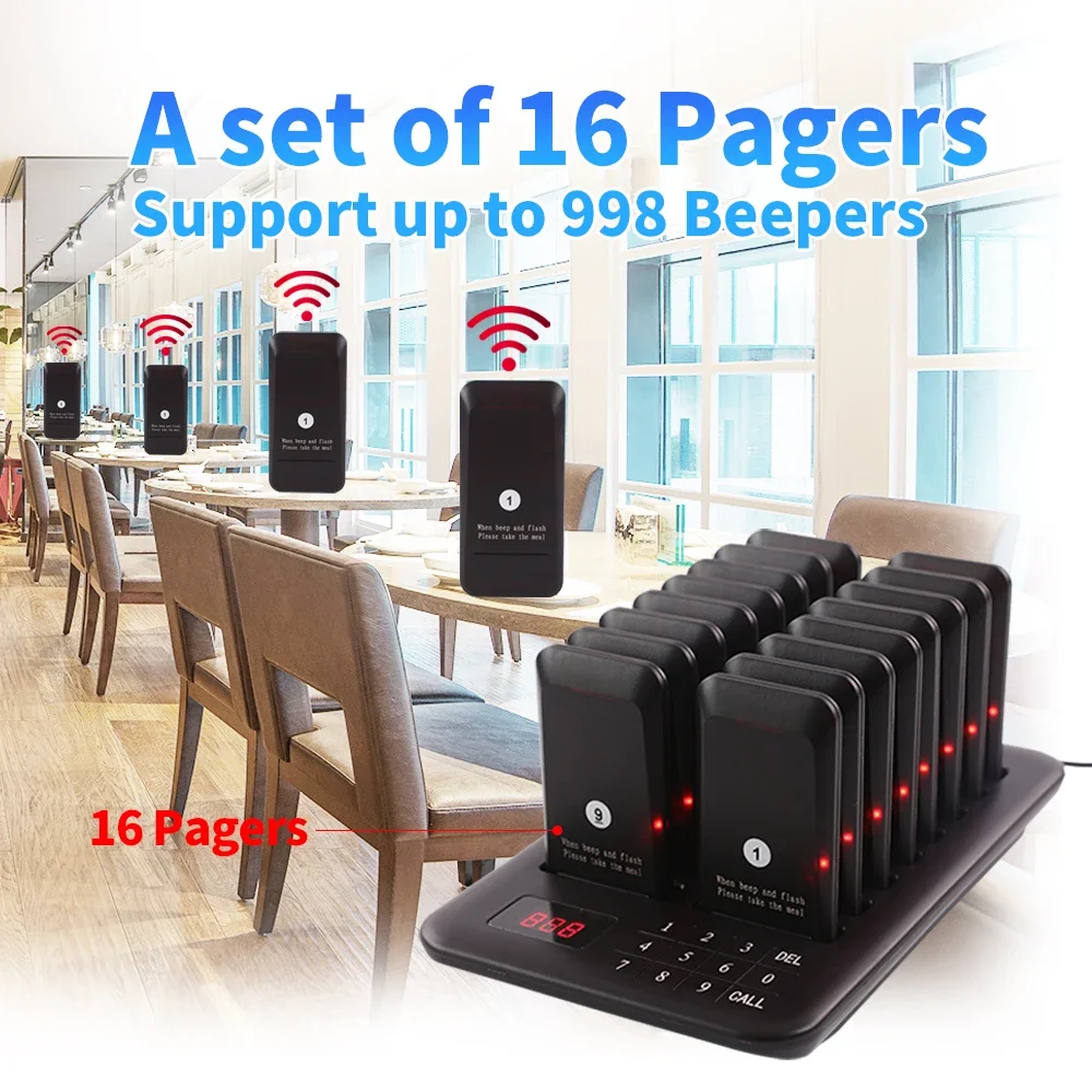 Wireless Restaurant Pager Queue Paging System 16 Beepers Customer Line Calling System for Cafe Coffee Dessert Shop Food Truck