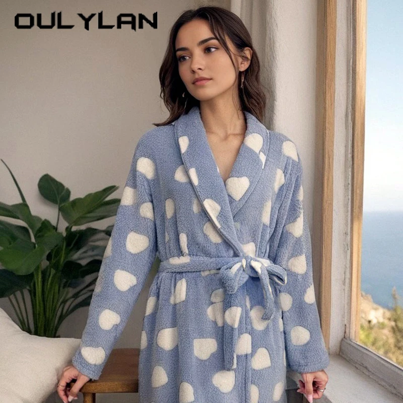 New Autumn Winter Baby Blue Heart Print Sleepwear Women's Long Sleeve V Neck Flannel Robes Thick Soft Fabric Belt Home Dress