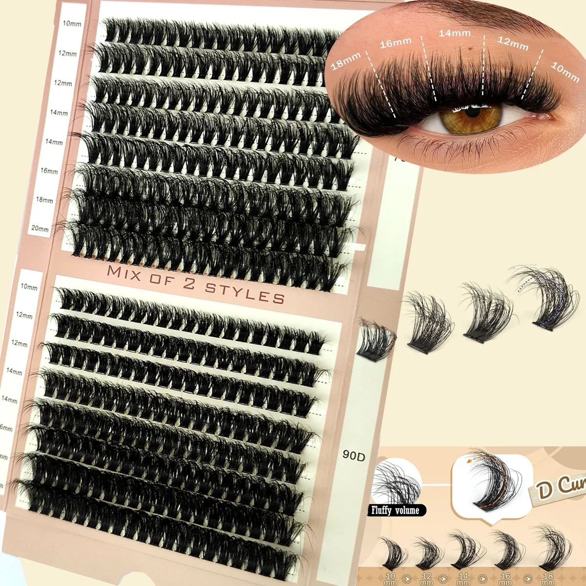AMSDCN 16 rangées de cils en grappe 5D volumineux, mélange 60D-100D, cils naturels épais D/DD, extensions de cils individuels 10-20mm pour DIY