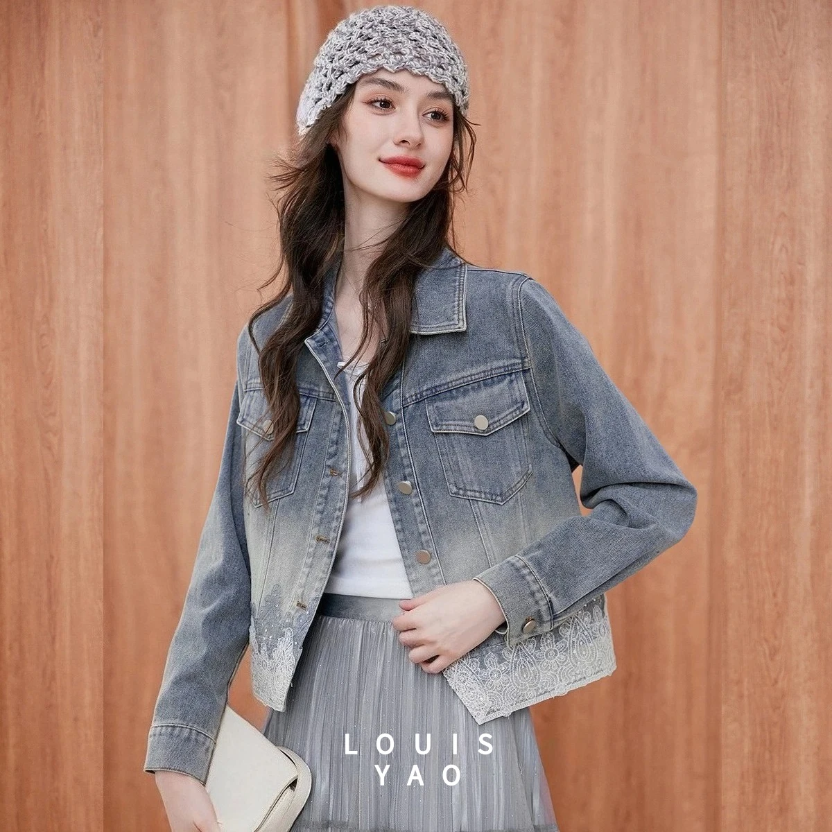 

LOUISYAO Lace-trimmed Collar Denim Jacket 2025 Autumn Coat Minimalist Casual Straight-shoulder Sleeves Women's Cardigan