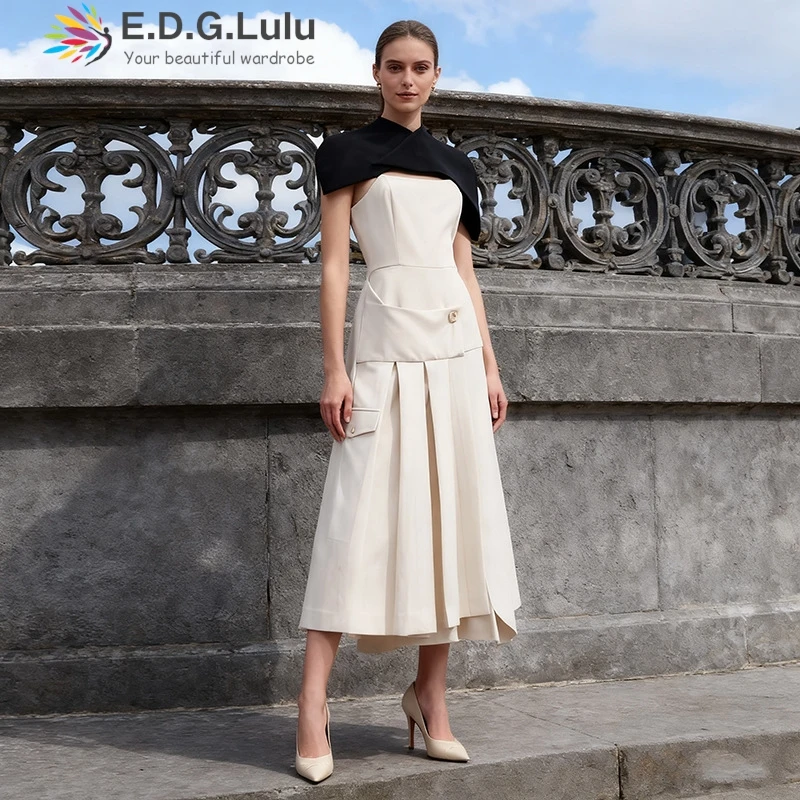 

EDGLuLu Ретро-дворное черное платье цвета хаки, элегантное длинное платье, женское платье 2025, дизайн, асимметричные плиссированные длинные платья 1009