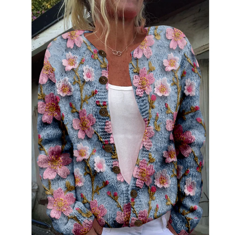 

Осень-зима вязаный милый кардиган с цветочным принтом, свитер, уличная одежда, женские свитера, вязаный топ, повседневные крутые джемперы, модные