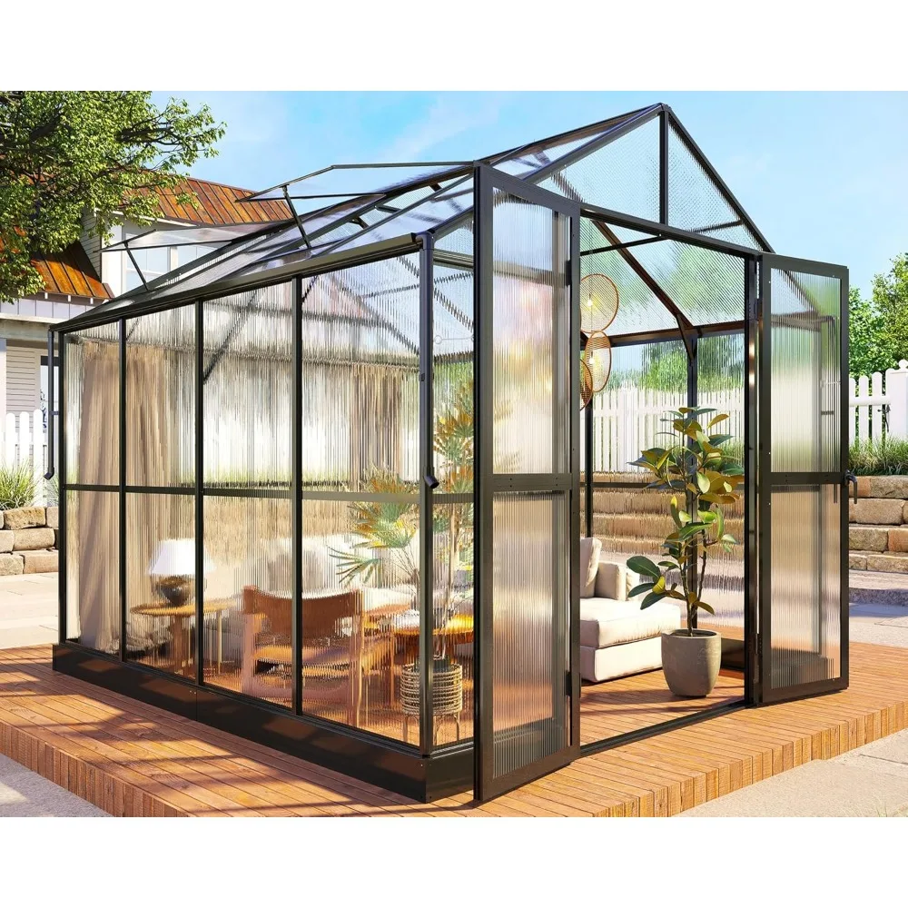 

8x8x7.5 FT Greenhouse - Outdoor Aluminum Polycarbonate Greenhouse , Walk in Greenhouse for Outdoors, Backyard, Garden (Black)