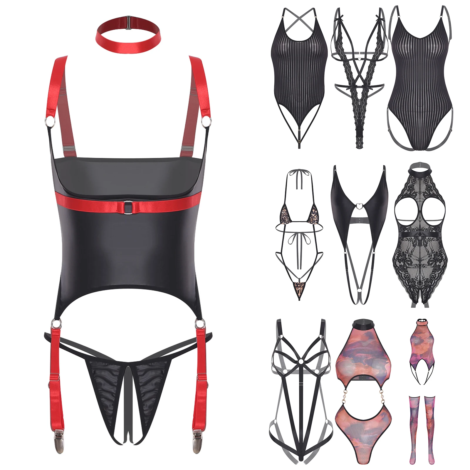 

Womens Lingerie See Through Alluring Sheer Bodysuit One Piece Nightwear Swimwear Hollow-out T-Back Thong Open Crotch Leotard