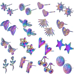 Multistyle Rainbow Leaf Heart Owl Ear Studs For Women Men Accessories Stainless Steel Earring Fashion Ear Jewelry Piercing Girl