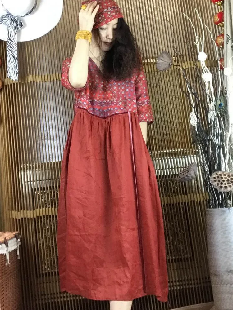 Women Summer Casual Dress New 2022 Vintage Style V-neck Patchwork Color Loose Comfortable Female A-line Long Dresses D137