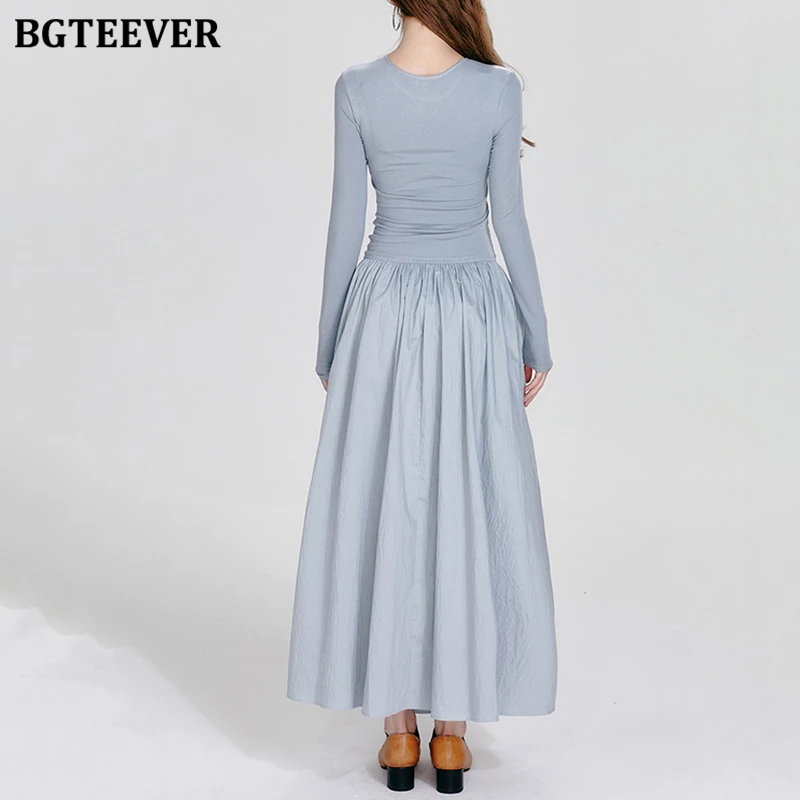 BGTEEVER Stylish O-neck Long Sleeve Female A-line Dress Autumn Fashion Slim Waist Pockets Women Mid-Length Dress