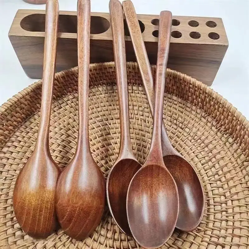 Wooden Soup Spoon Tableware 5 Pcs Set Natural Uncoated Ellipse Ladle for Kitchen Cooking Camping Picnic Use