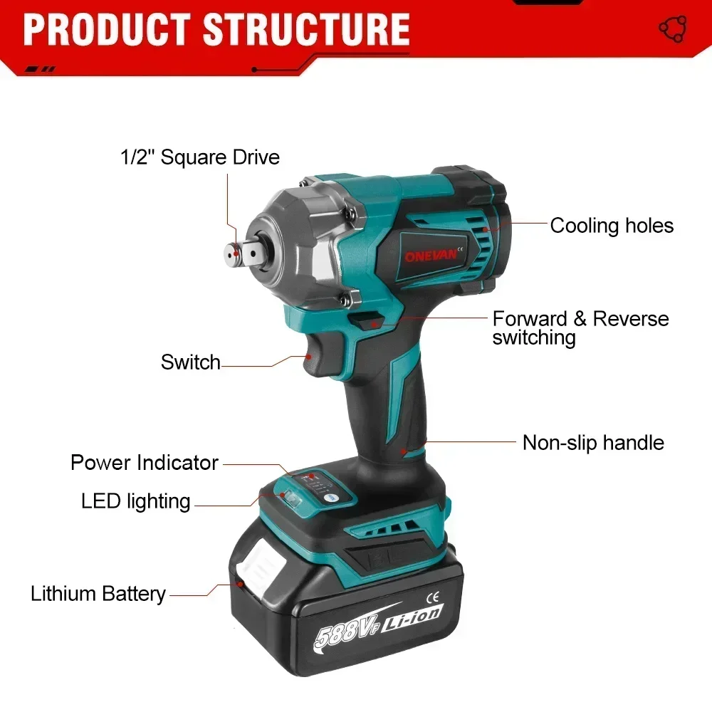 ONEVAN 1200Nm Brushless Electric Impact Wrench Cordless Wrench Socket Rechargeable 1/2Inch Li-ion Battery For Makita 18V Battery