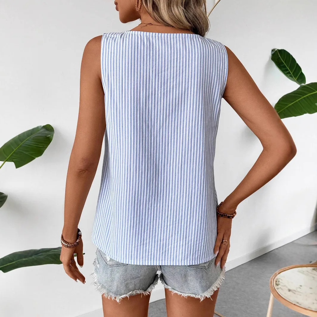 Elegant Loose Blouse Woman Fashion Temperament Sleeveless Woman Shirt Stripes Printed Casual Shirt Holiday Tops Summer Blusas