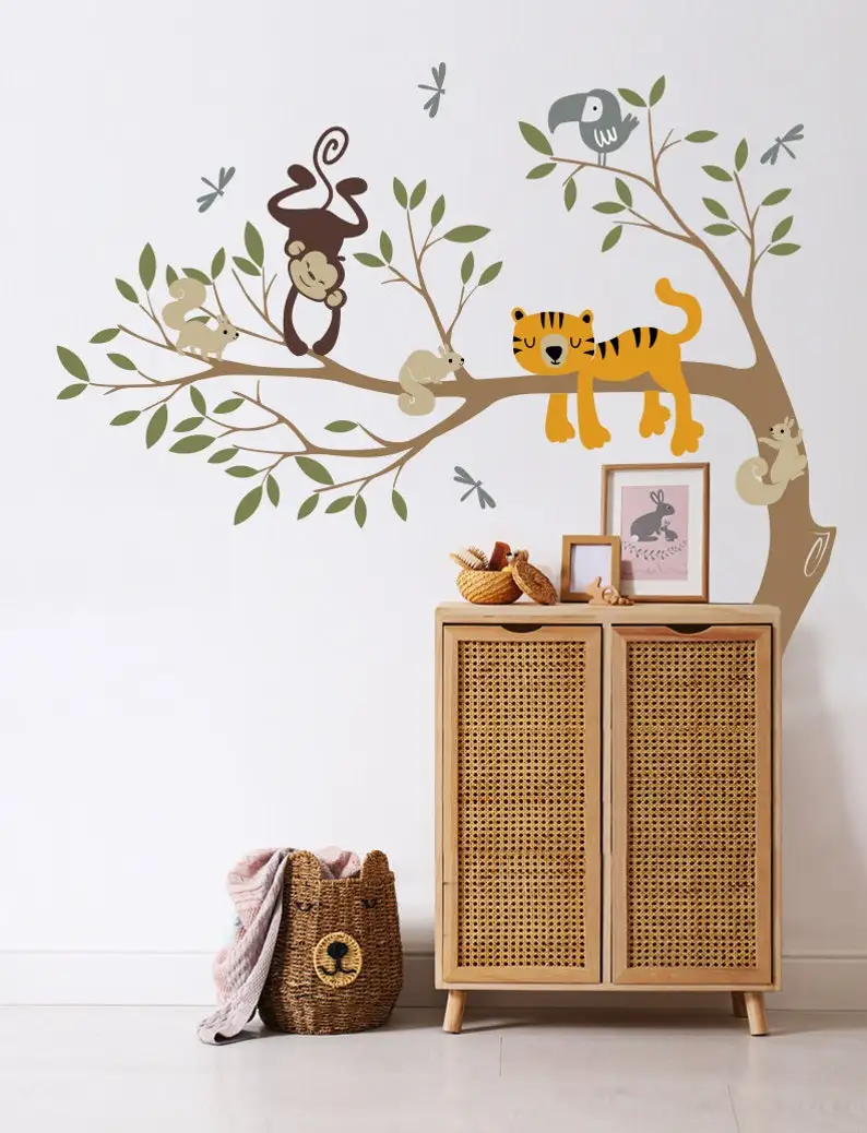 Tiger, Giraffe, and Monkey with Branch Wall Decal