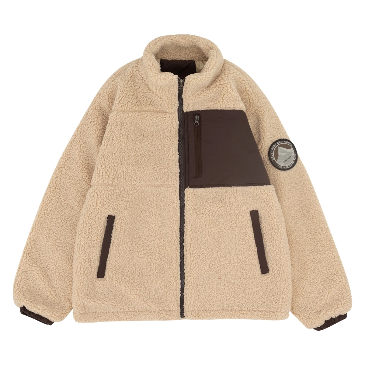 

Men's Faux Fur Coat Long Sleeve Warm Polyester Polar Fleece Cotton Padded Coat Full-Zip Thick Stand Collar Jacket with Pockets