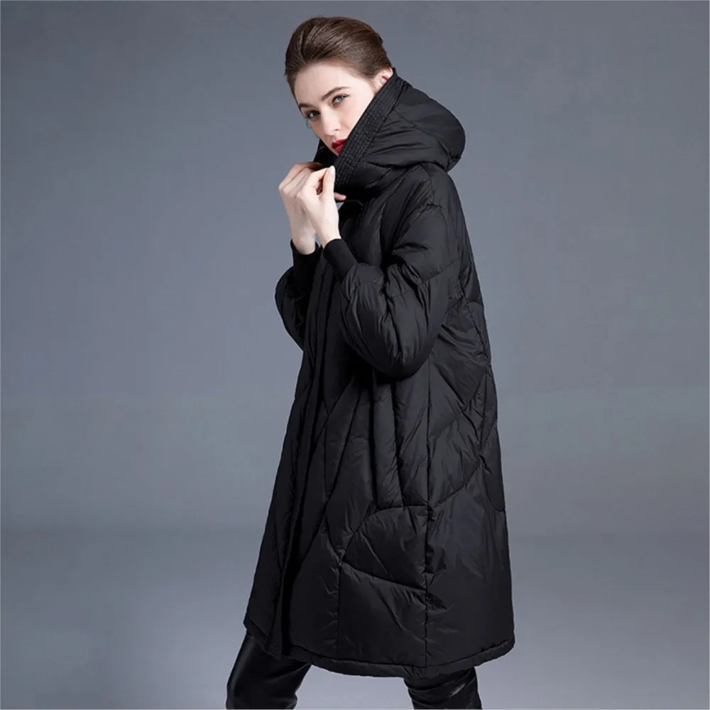 New Johnature Women Winter White Down Coats Warm Solid Color Zipper Hooded Long Sleeve Loose Female Down Coats