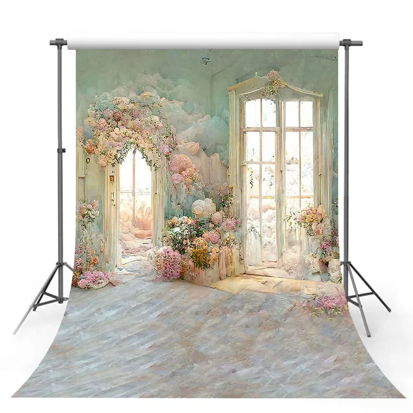 

Mehofond Photography Background Vintage Indoor Windows Door Flowers Children Adult Art Portrait Decoration Photo Backdrop Studio