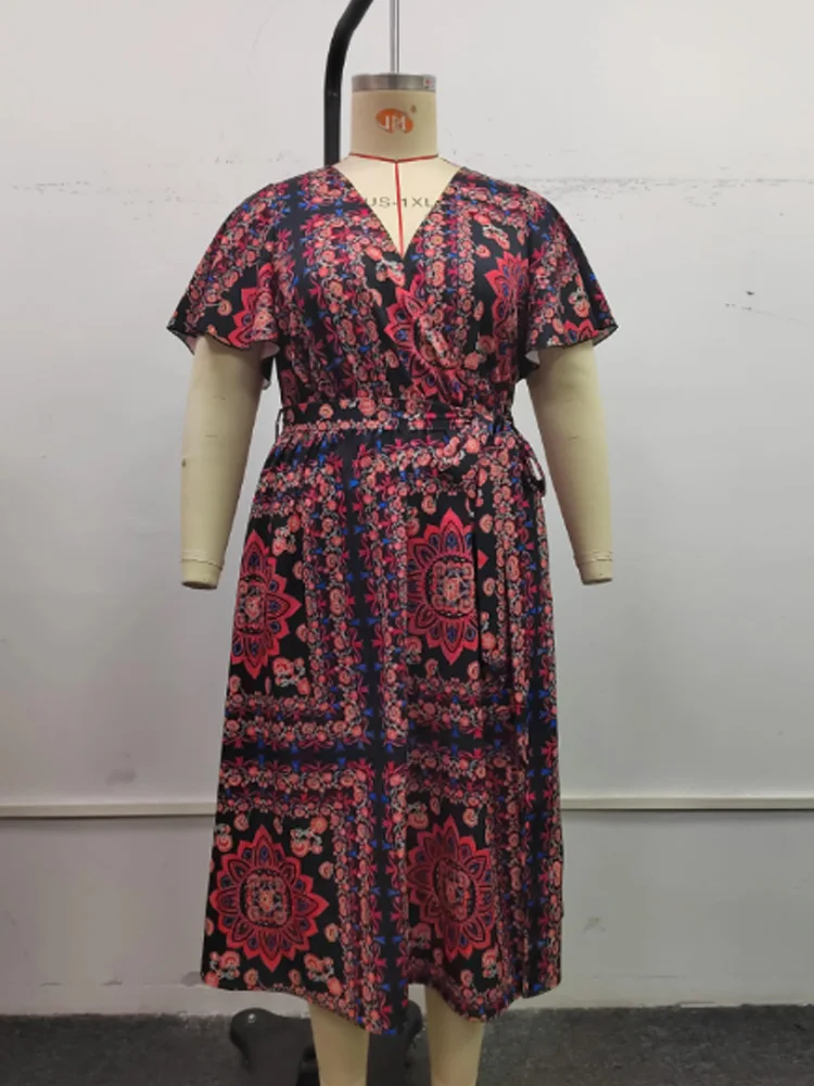 GIBSIE Plus Size Bohemian Ethnic Print Belted Dress Women Summer 2024 V Neck Short Sleeve Holiday Split Long A-Line Dresses