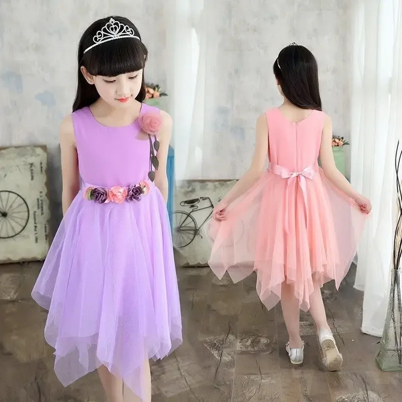 Summer Girls Dress Party Dresses Student Fashion Kids Casual Floral Irregular Teens Dress Parties Dress for Girls 5 Years Old 12