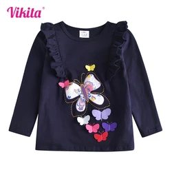 VIKITA Kids 3D Butterfly Appliqued Flare Sleeve T Shirts Girls Cotton Casual Princess T Shirt Kids Long Sleeve Navy Cute Tees