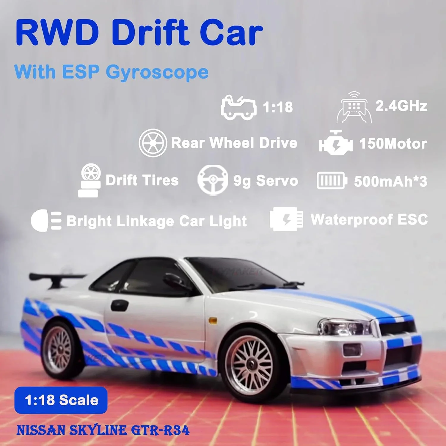 LDRC 1899 1/18 RC Drift Car LD1899 GTR Mode R34 2,4 GHz RWD con giroscopio en carretera aleación cuerpo Shell coche de carreras para niños regalos
