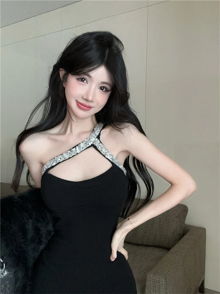 Luxe Ontwerp Een Schouder Feestjurk vrouwen Sexy pailletten Bandjes Hemdje Jurken Zomer Nieuwe Pittige Meisje Zwarte Bodycon Vestido