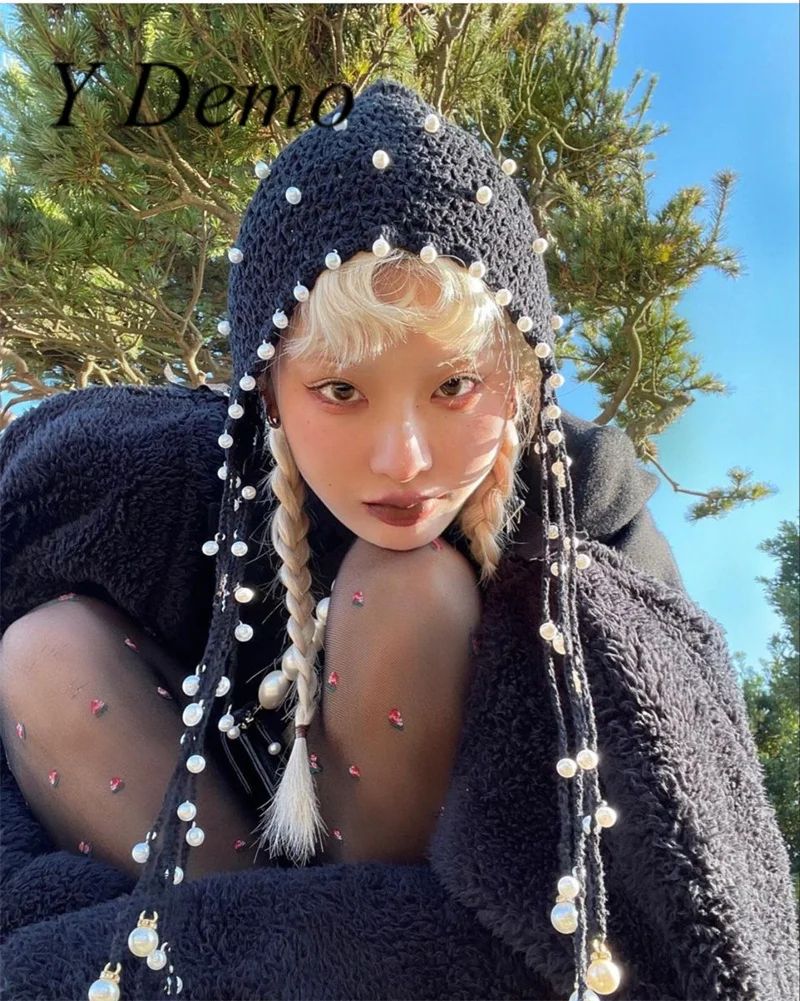 Y Demo Harajuku Hollow Out Pearl Pendant Straps Handmade Knitted Beanie Women Y2k Hat