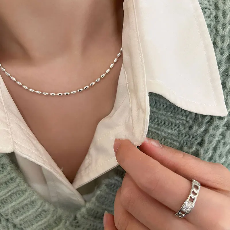 

Silver Rice Olive Bead Necklace Women's Folded Water Drop Pendant Double-layer Collarbone Chain Light Luxury