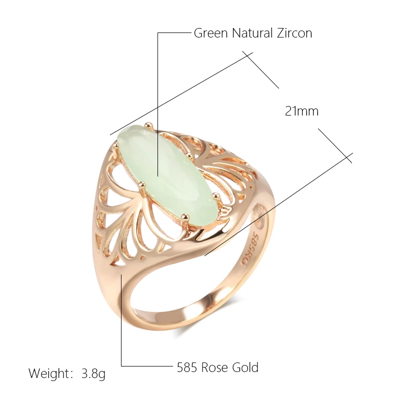 Kienl New 585 Rose Gold Color Big Ring for Women Green Natural Zircon Vintage Ethnic Bride Ring High Quality Daily Jewelry