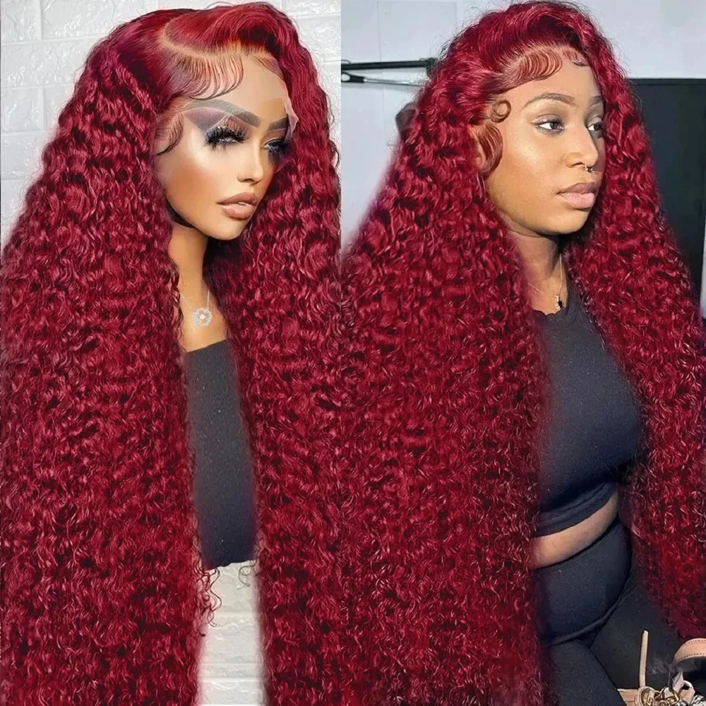 99J Burgundy Deep Wave Lace Front Wig 180% Density 13x6 HD Transparent Lace Frontal Human Hair Wigs For Women Curly Water Hair