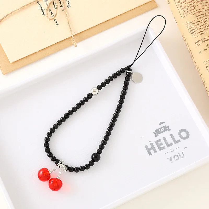 INS Red Black Cherry Pendant Phone Charms Short Strap For iPhone Samsung Universal Beads Bracelet Anit-lost Lanyard For bag