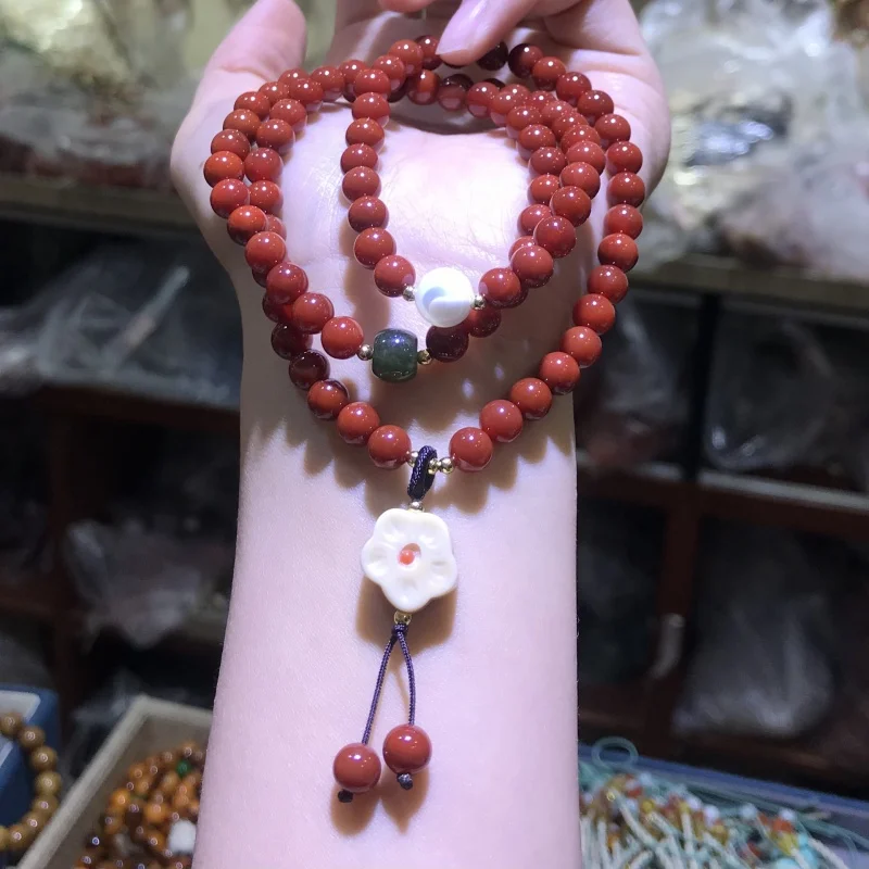 Southern Red Agate Hetian Jade Pearl Shell Gold Paste Jade Small Flower Bracelet Necklace Ornament