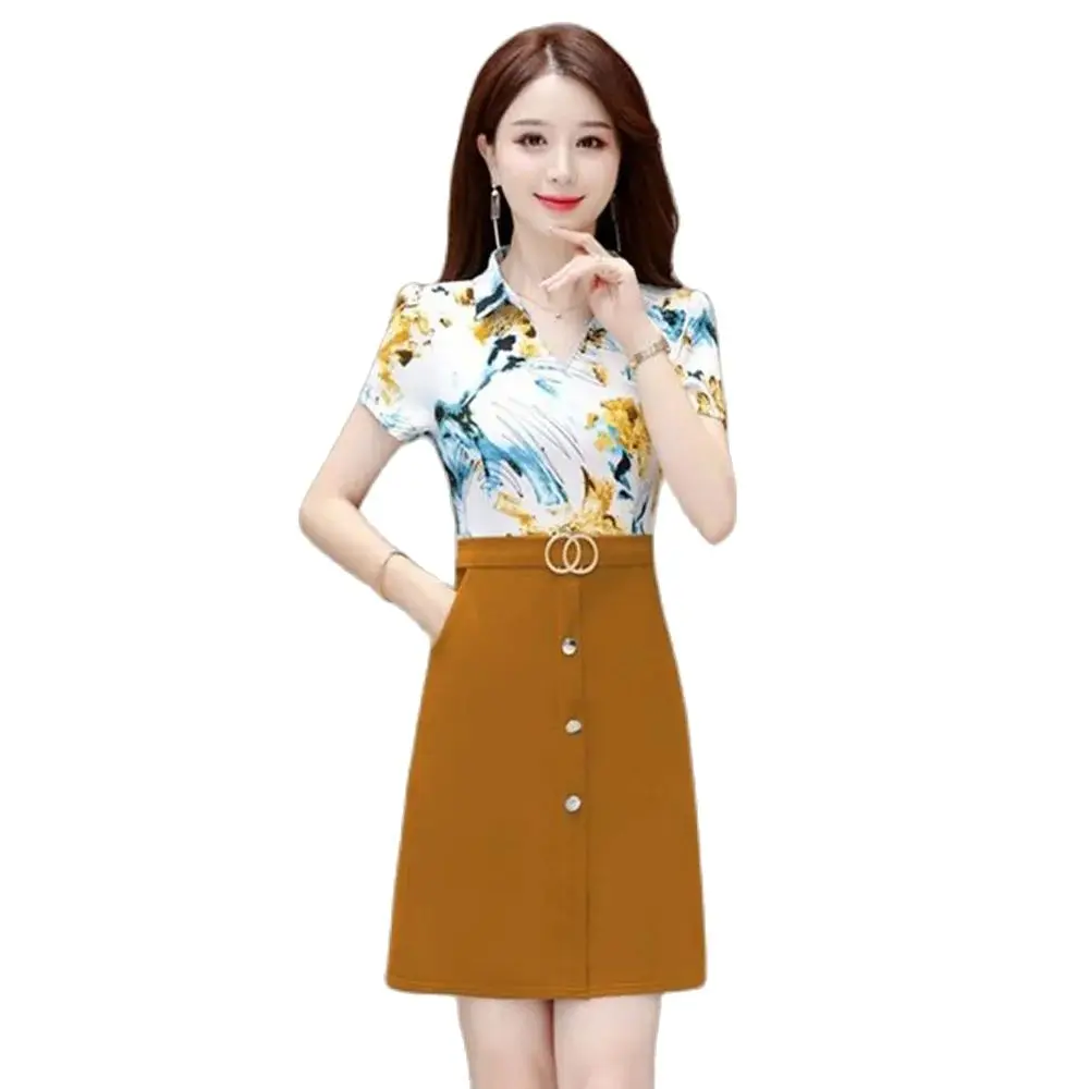 Summer Skirt 2024 New Dress Short-sleeved Ladies Fashion Stitching Shirt Skirt Western Mother High-end Waist Suit Skirt Woman.