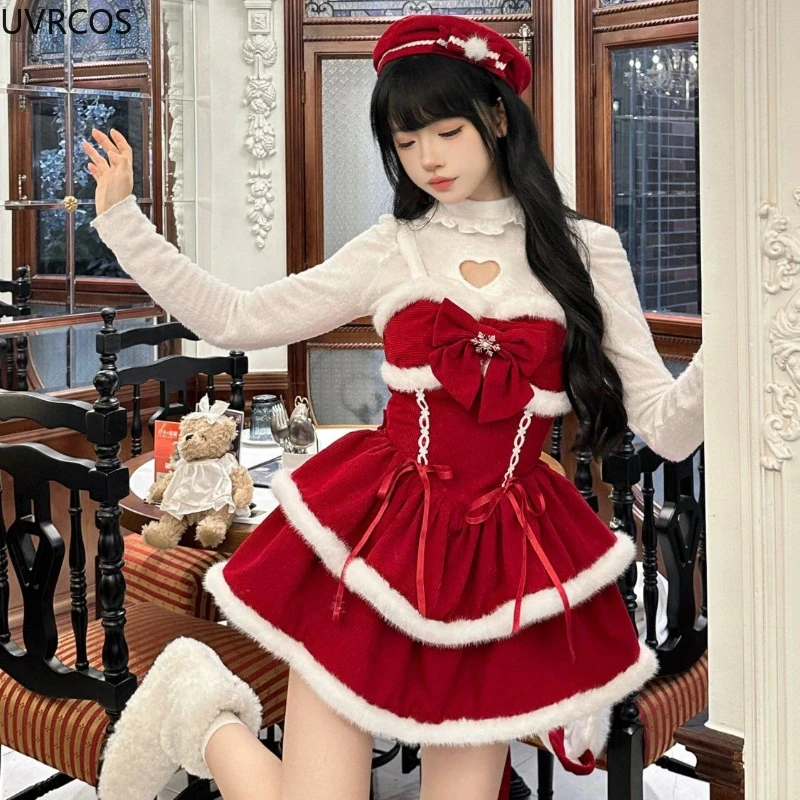 Japanese Kawaii Lolita Dress Sets Women Hooded Shawl Short Jackets Bow Mini Skirt Korean Style Sweet Red Christmas New Year Suit