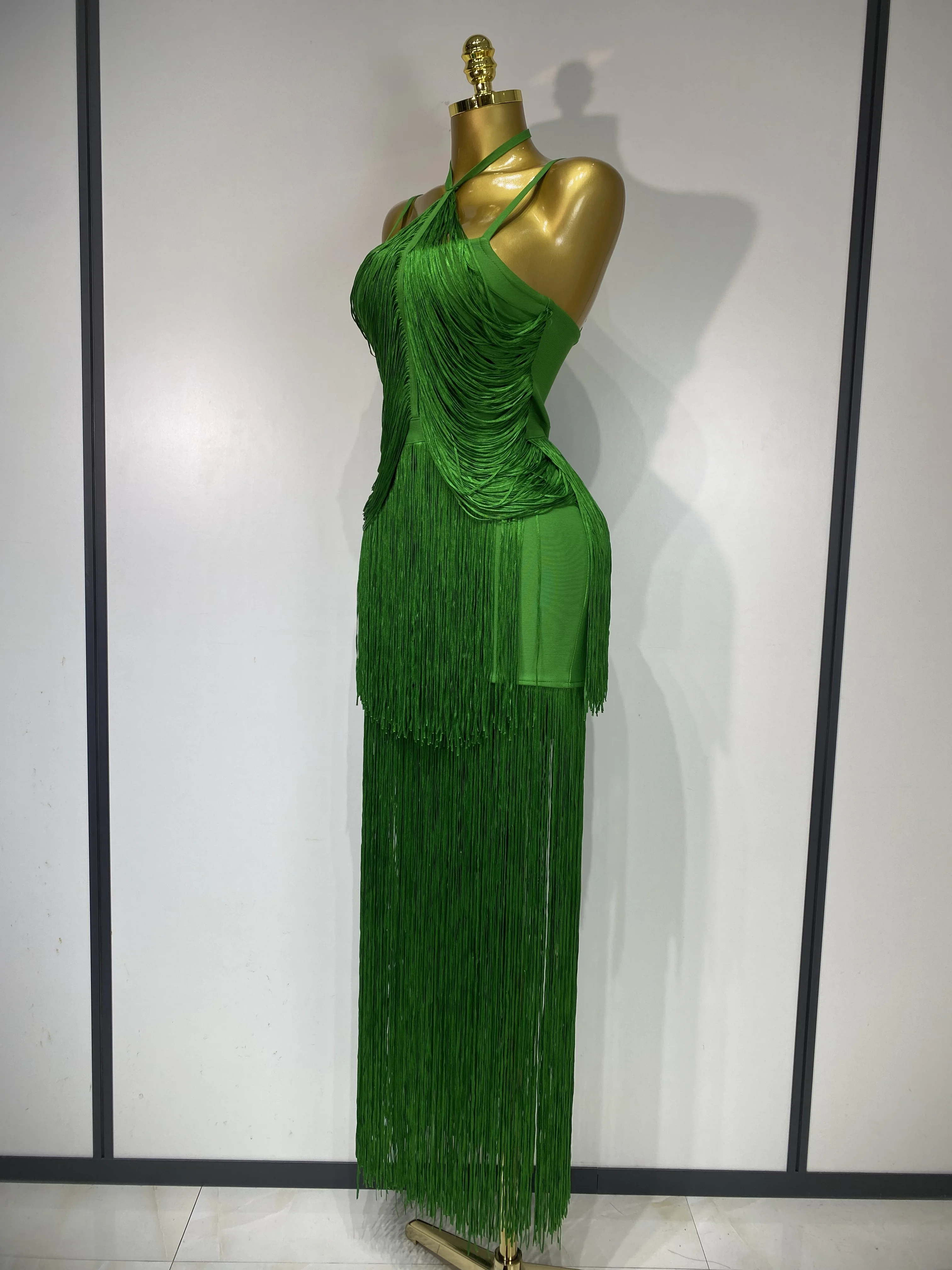sexy green club dress Women Backless Tassel Ankle Bodycon Bandage 2025 Celebrity Elegant Evening Luxury Birthday Party Outfit ﻿ Fashionable Tea Length Lace do_not_sell_to_FI Twisted asymmetric neckline Color:Wander & Bloom