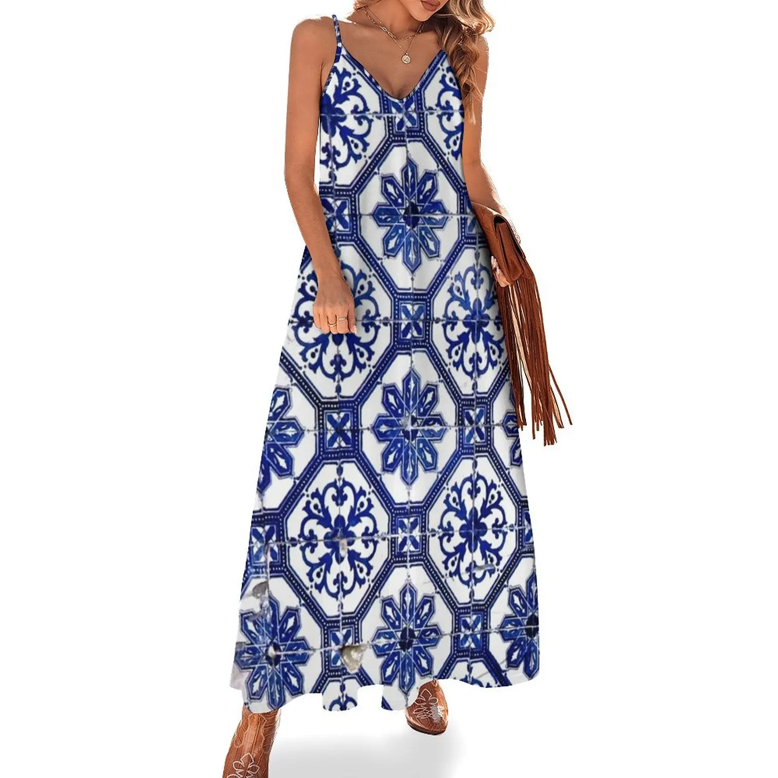 Blue and White Portuguese Tile Sleeveless Long Dress evening dress ladies elegant dresses plus sizes Dress