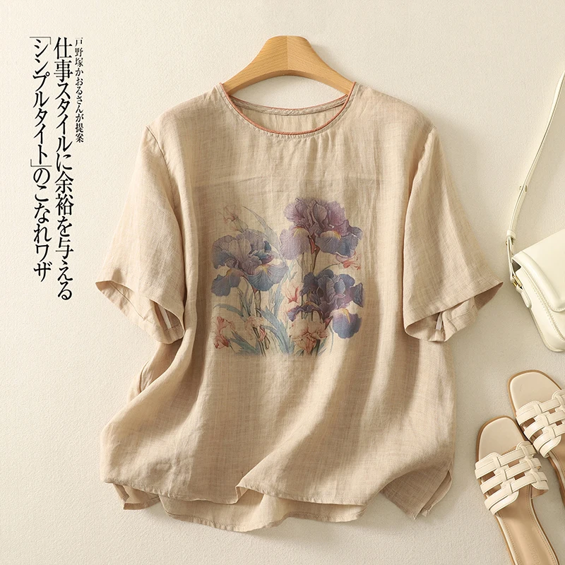 Cotton Linen T-shirt Women's Summer New Korean Version of The Japanese Loose Solid-coloured Short-sleeved Round Neck Printed Top