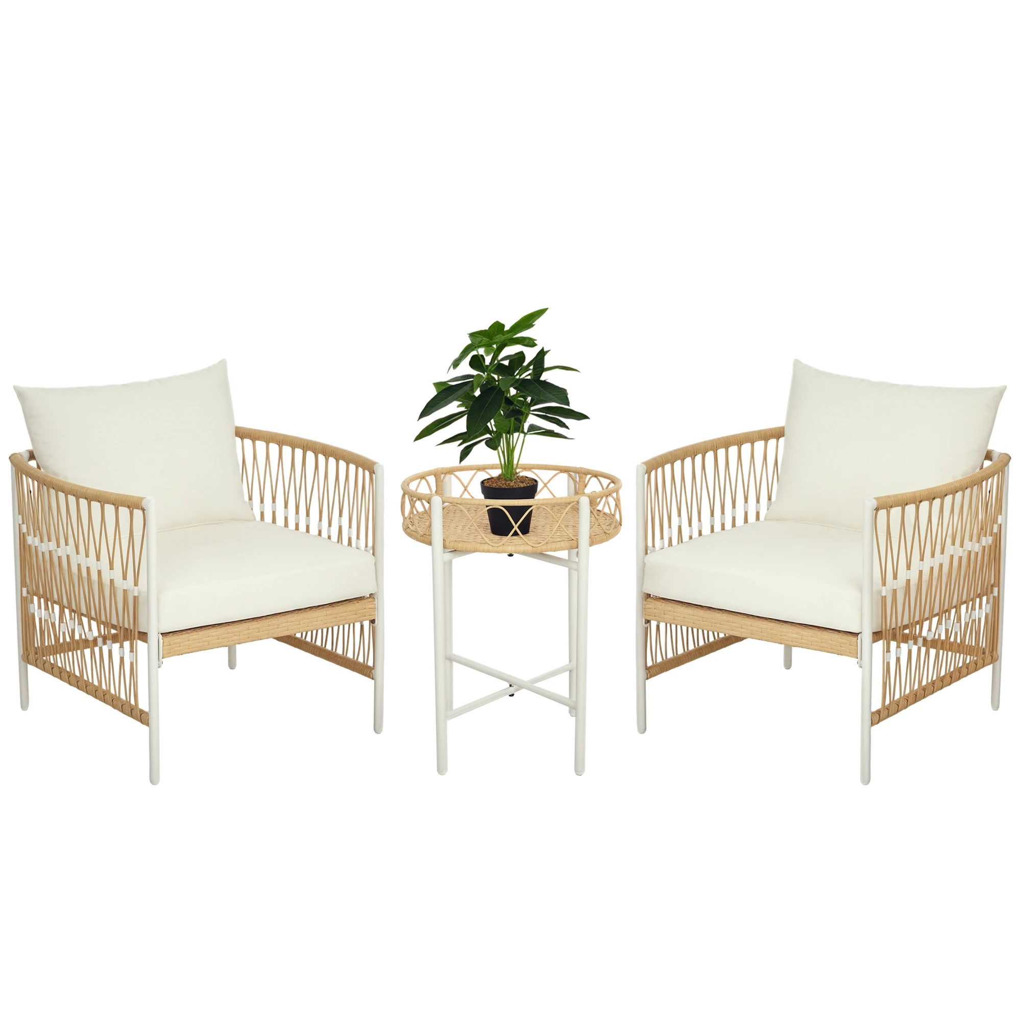 Outsunny Conjunto Jardín Exterior de Ratán con 1 Mesa y 2 Sillas Cojines Crema