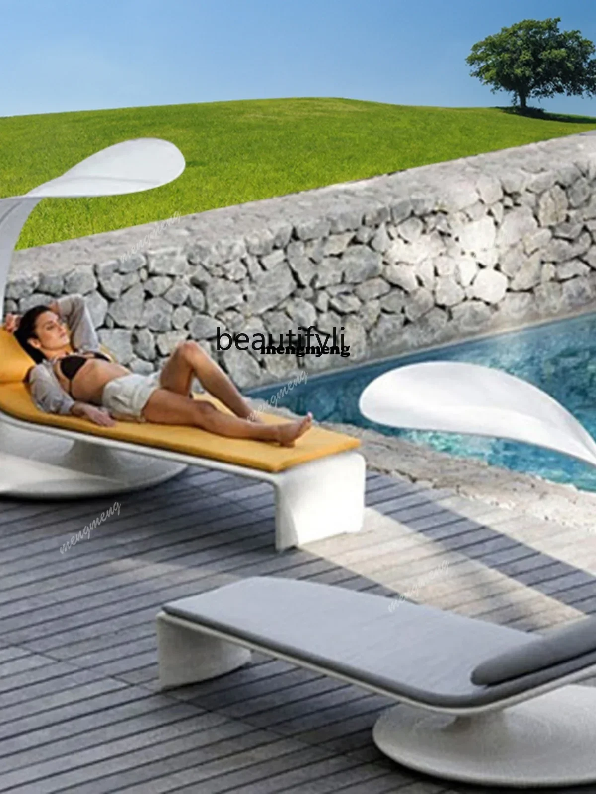 ss 8350 Outdoor Lounge Swimming Pool Beach Recliner Courtyard Outdoor Leisure Lazy Terrace Rattan Backrest Creative Bed