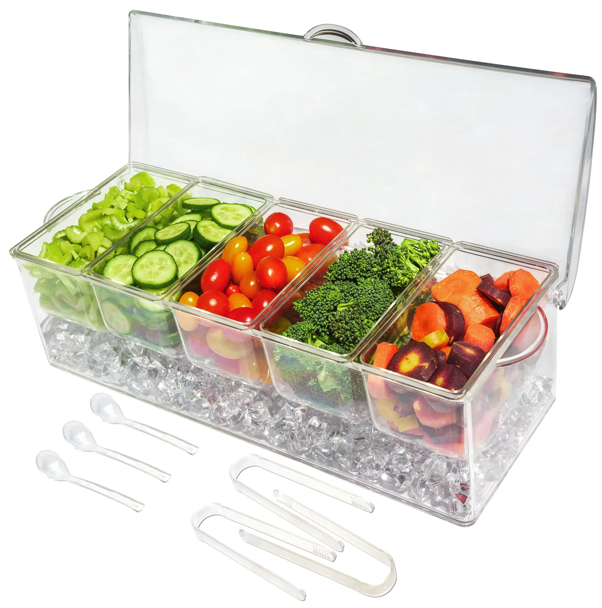 

9 customized acrylic fruit and vegetable seasoning containers with refrigerated trays, equipped with 5 detachable compartments