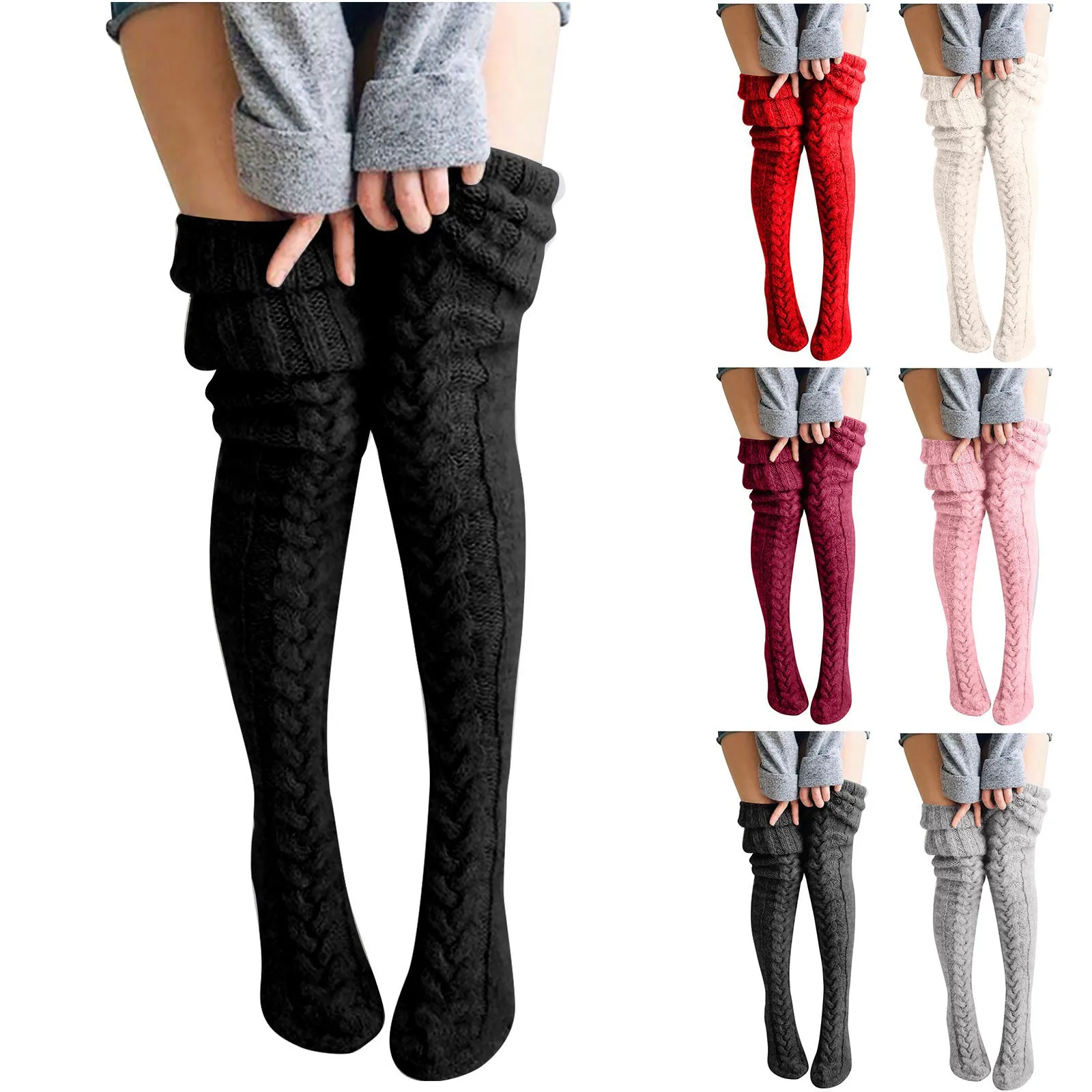 

Female Solid Long Socks Autumn Winter Cashmere Knitted Stocking Skinny Casual Knee High Fluffy Warm Thicken Socks