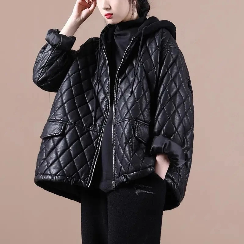 

Winter ort PU Leather Jaet Zipper Women's Korean Large Size Casual Versatile Hooded Cotton Insert Thi Warm Cotton Coat