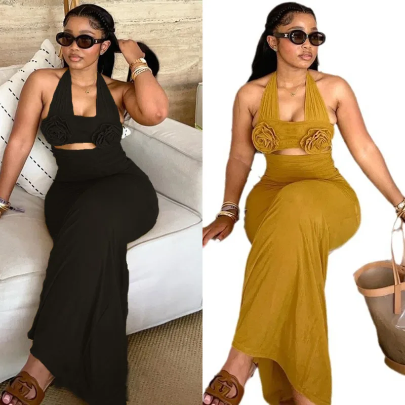 

2025 Autumn Halter Floral Long Dress Women Elegant High Waist Backless Slim Bodycon Solid Color Holiday Party Dresses Trendy New