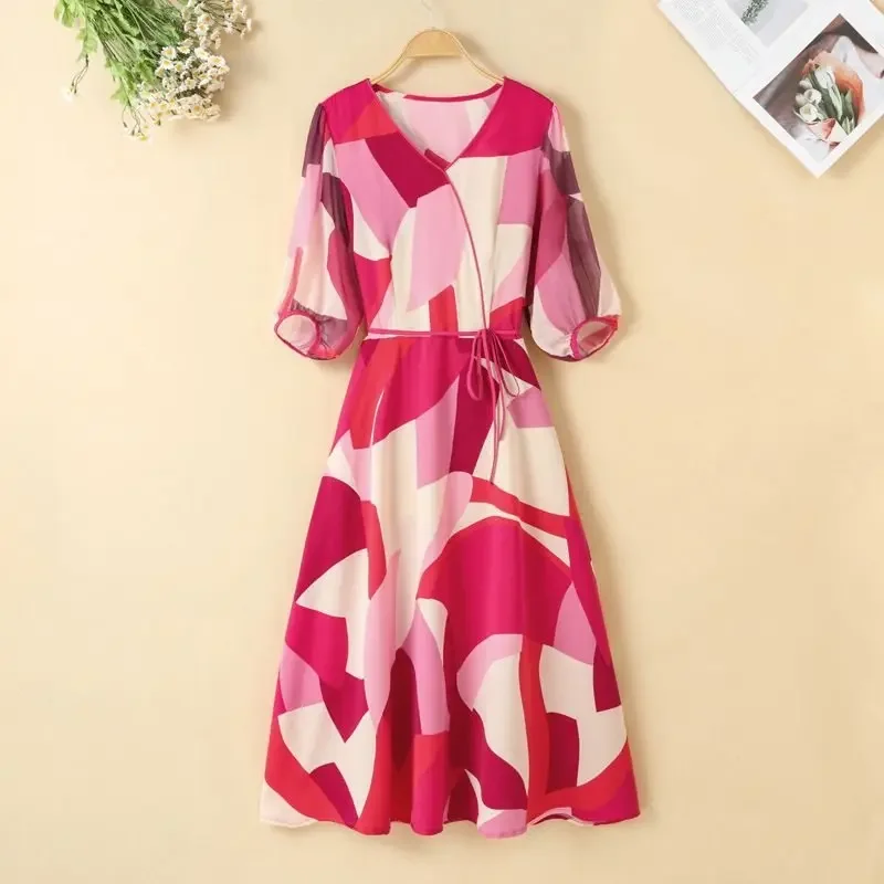 

Floral dress female summer new chiffon temperament waist cover belly slim casual A-word plus size loose long skirt.