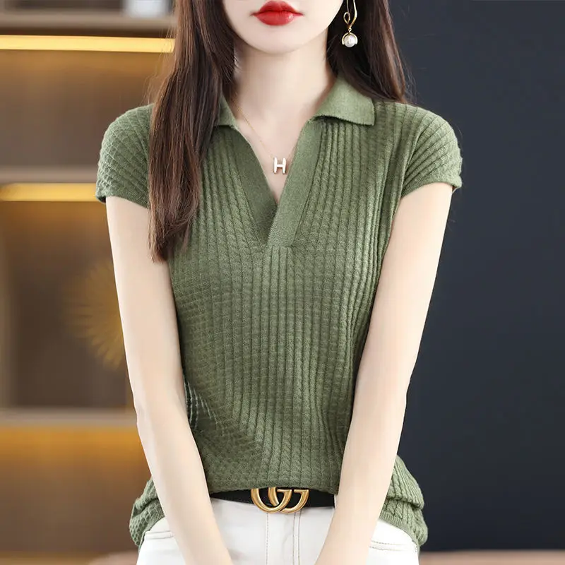 

Polo Collar Stripe Print Chiffon Shirt Spring Summer Fashion Clothing Women's Korean Style Solid Color Short Sleeve Casual Tops