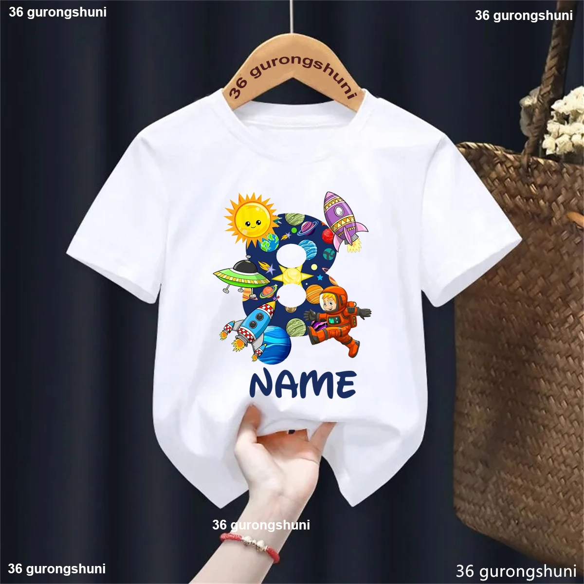 

Personalize Name 3rd-9th Birthday Gift White T Shirt Boys/Girls Solar System Astronaut Space Printed Tshirt Toddler Kids Clothes