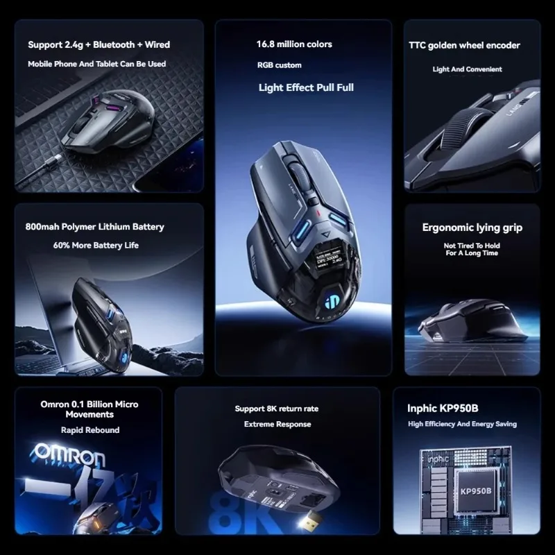 Inphic IN9 Ultra Gaming Mouse 2.4gWireless Vibration Feedback 8K Return Rate 30000DPI PAW3950 Custom Ergonomic Performance Mouse