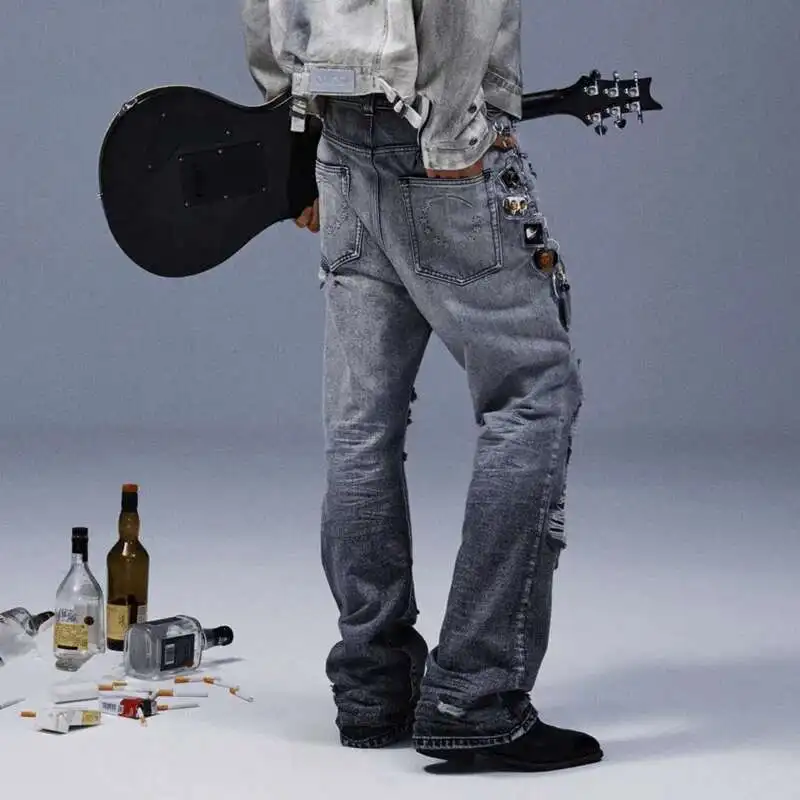 HKSH 2025 Spring New Men Tide Punk Denim Pants White Grey Gypsum Washed Holes High Street Chic Elegant Handsome Ins Jeans HK4560