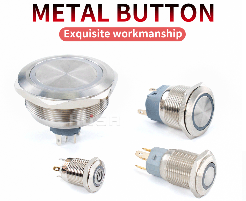 16 19 22mm With Wire Waterproof Metal Push Button Switch LED Ring/Power Light Momentary Latching 5/12/24/220V Silver1NO1NC