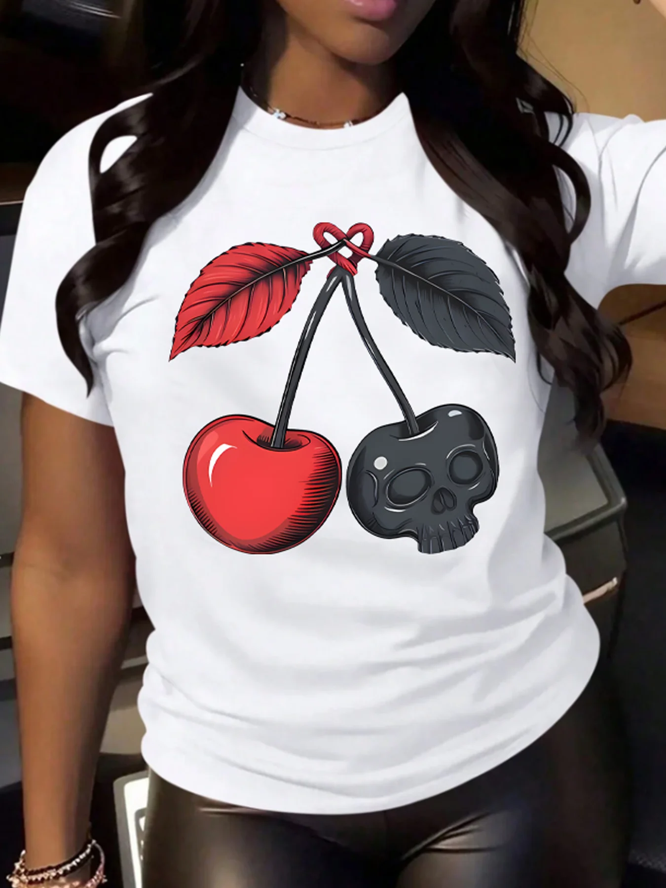 

Женская футболка больших размеров с круглым вырезом и короткими рукавами «Вишня и череп», эластичные полурукавами и модными принтами